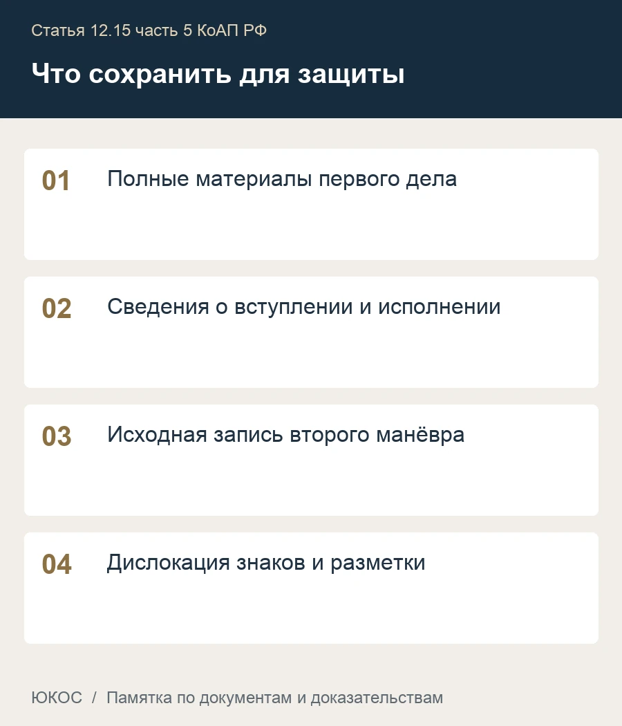 Памятка: полные материалы первого дела, сведения о вступлении и исполнении, исходная запись второго манёвра, дислокация знаков и разметки