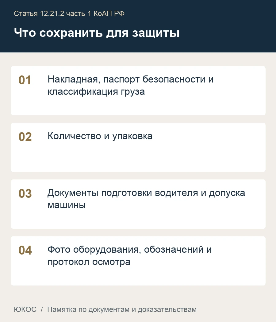 Памятка: накладная, паспорт безопасности и классификация груза, количество и упаковка, документы подготовки водителя и допуска машины, фото оборудования, обозначений и протокол осмотра