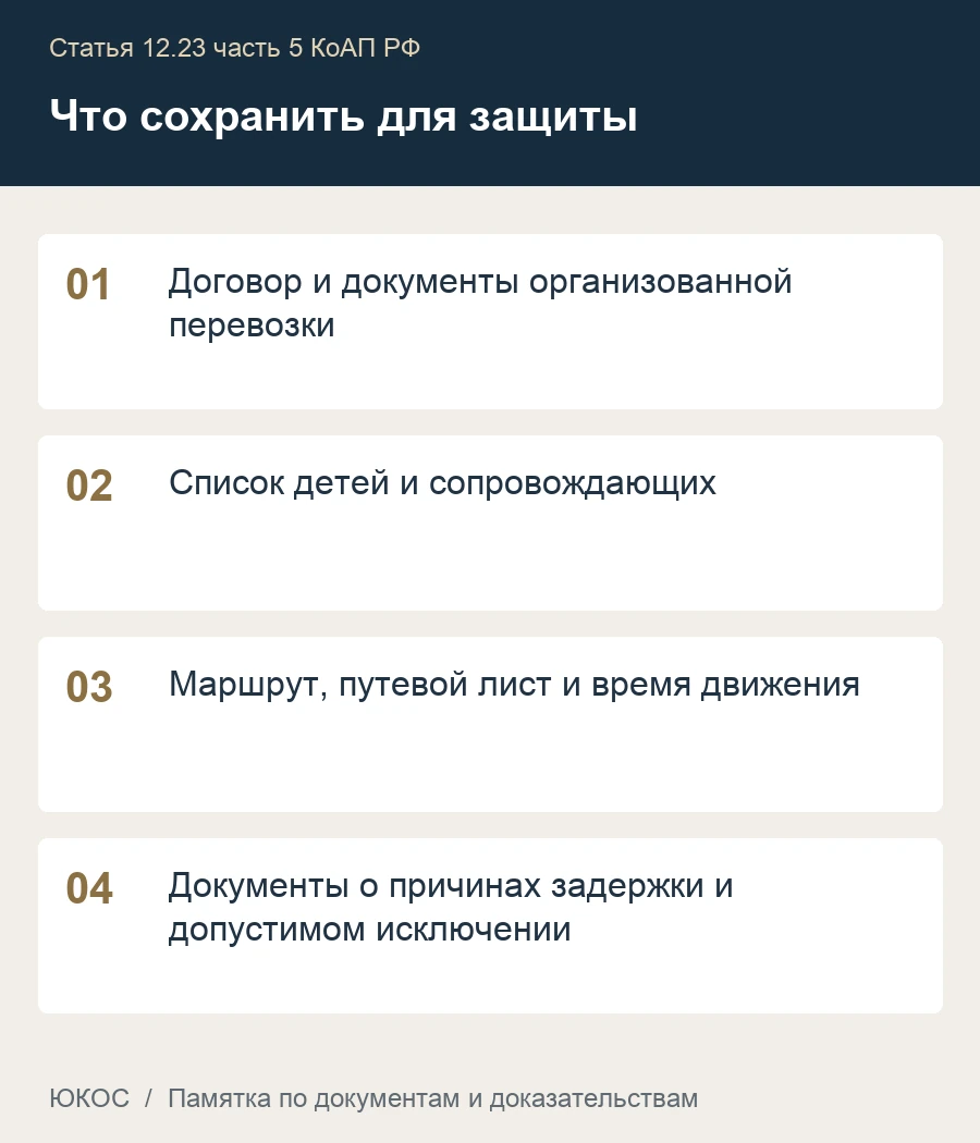 Памятка: договор и документы организованной перевозки, список детей и сопровождающих, маршрут, путевой лист и время движения, документы о причинах задержки и допустимом исключении