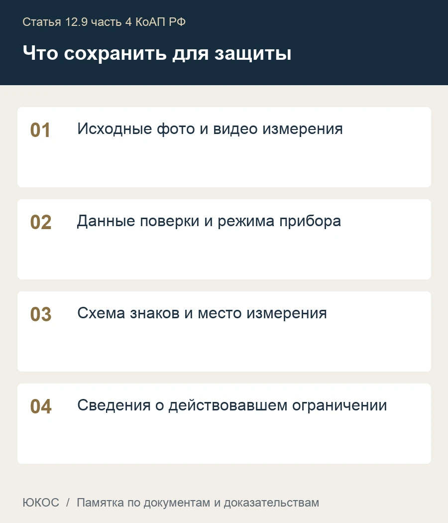 Превышение скорости более чем на 60, но не более чем на 80 км/ч: штраф или лишение 1 Памятка: исходные фото и видео измерения, данные поверки и режима прибора, схема знаков и место измерения, сведения о действовавшем ограничении