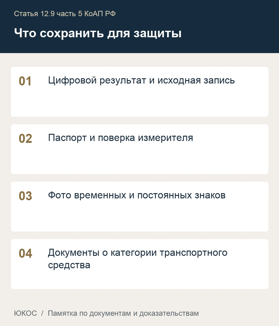 Памятка: цифровой результат и исходная запись, паспорт и поверка измерителя, фото временных и постоянных знаков, документы о категории транспортного средства