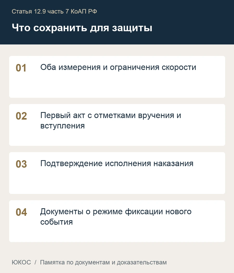 Повторное превышение скорости более чем на 60 км/ч: когда грозит год без прав 1 Памятка: оба измерения и ограничения скорости, первый акт с отметками вручения и вступления, подтверждение исполнения наказания, документы о режиме фиксации нового события