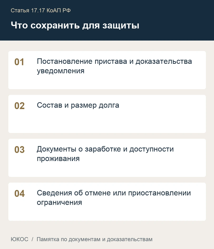 Езда вопреки ограничению пристава: когда долг приводит к лишению прав 1 Памятка: постановление пристава и доказательства уведомления, состав и размер долга, документы о заработке и доступности проживания, сведения об отмене или приостановлении ограничения